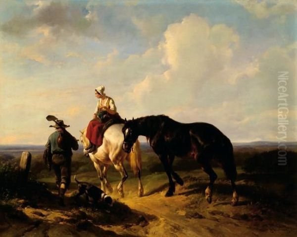 Travellers And Horses On A Sand Road Oil Painting by Wouterus Verschuur