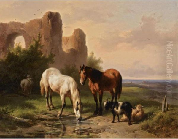 Watering Horses Near A Ruin Oil Painting by Wouterus Verschuur