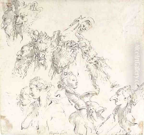 The heads of satyrs, women and other studies Oil Painting by Giovanni Battista Tiepolo