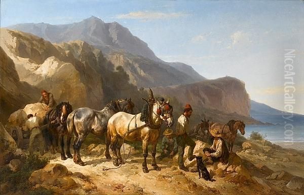 A Quarry Team, Rochers-rouges, Menton Oil Painting by Wouterus Verschuur