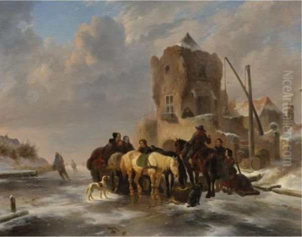 Winter Scene Oil Painting by Wouterus Verschuur