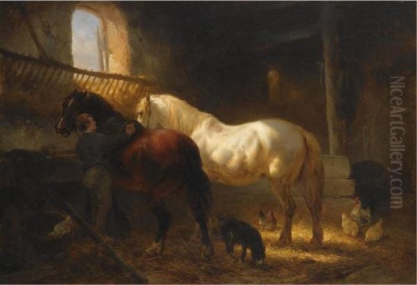 Horses In A Stable Oil Painting by Wouterus Verschuur