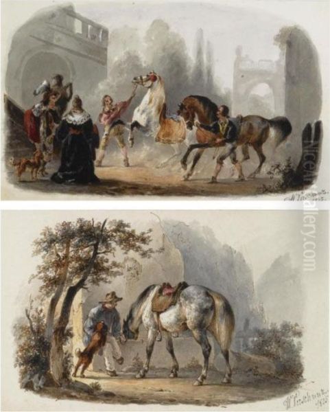 Four Watercolours Depicting Figures With Their Animals Oil Painting by Wouterus Verschuur