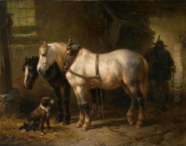 Two Horses In A Stable Oil Painting by Wouterus Verschuur