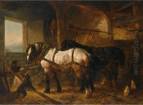 Horses In A Stable Oil Painting by Wouterus Verschuur