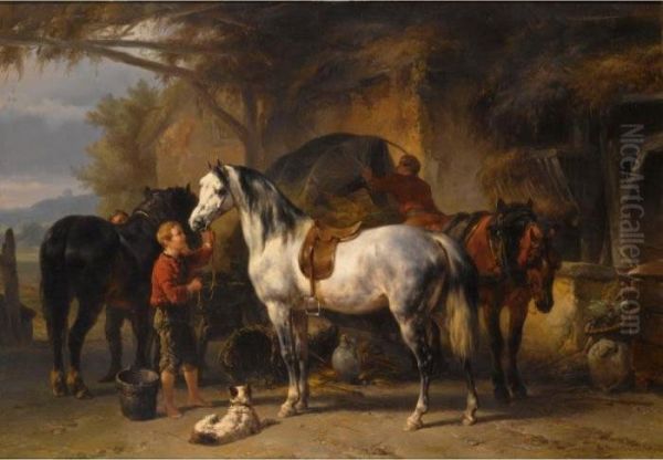 Tending The Horses Oil Painting by Wouterus Verschuur