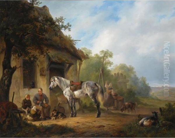 Figures Near A Farmstead Oil Painting by Wouterus Verschuur