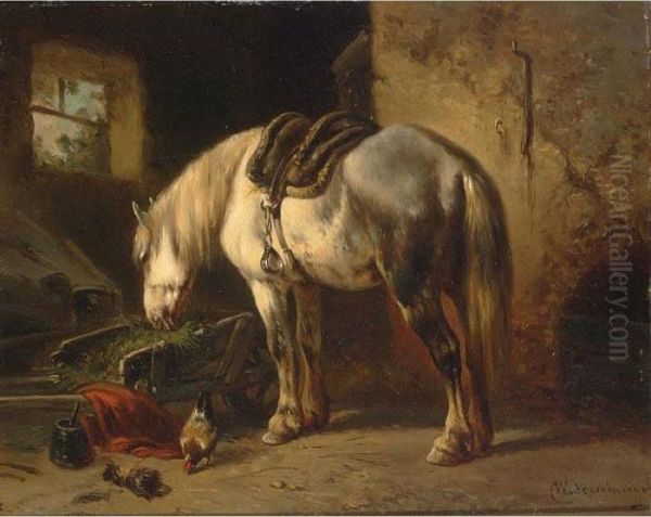 A Grey Horse In A Stable Oil Painting by Wouterus Verschuur