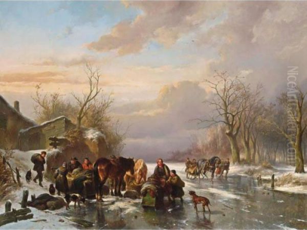 Frozen Waterway With Horses And Figures On The Ice Oil Painting by Wouterus Verschuur