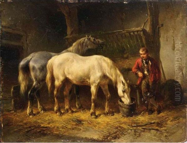 Feeding The Horses Oil Painting by Wouterus Verschuur