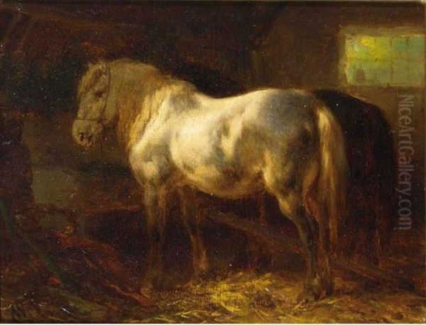 Horses In A Stable Oil Painting by Wouterus Verschuur