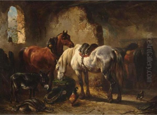 Horses And A Donkey In A Stable Oil Painting by Wouterus Verschuur