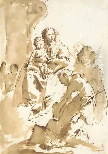 The Madonna and Child with Saint Anthony of Padua kneeling and two other Saints, an angel by a column in the background Oil Painting by Giovanni Battista Tiepolo