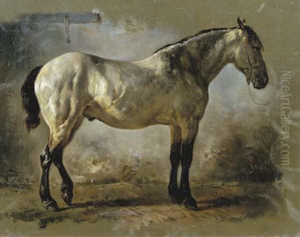 Yanko In The Stable: A White Horse Oil Painting by Wouterus Verschuur