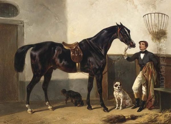 Jockey With His Race Horse In A Stable Oil Painting by Wouterus Verschuur