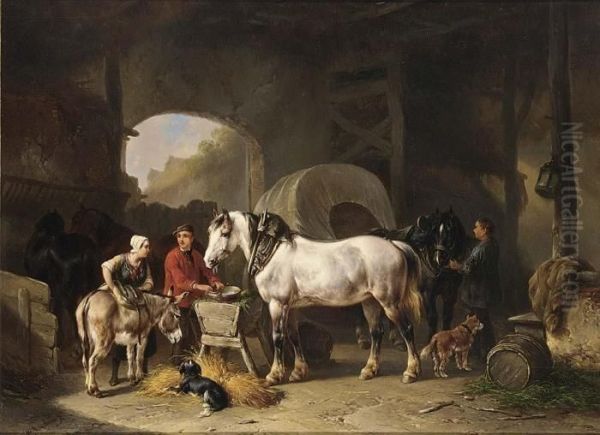 Tending The Horses Oil Painting by Wouterus Verschuur