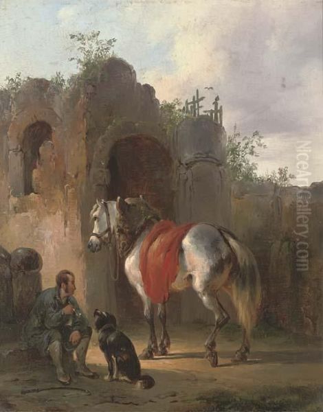 A Traveller Resting At The Ruins Oil Painting by Wouterus Verschuur