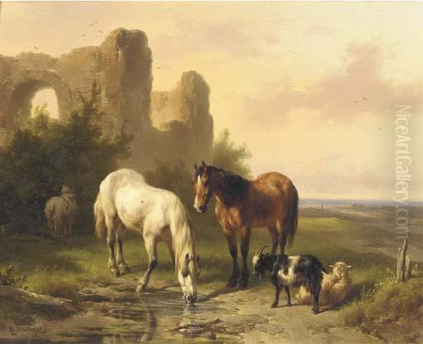 Horses By A Ruin In An Extensive Landscape Oil Painting by Wouterus Verschuur