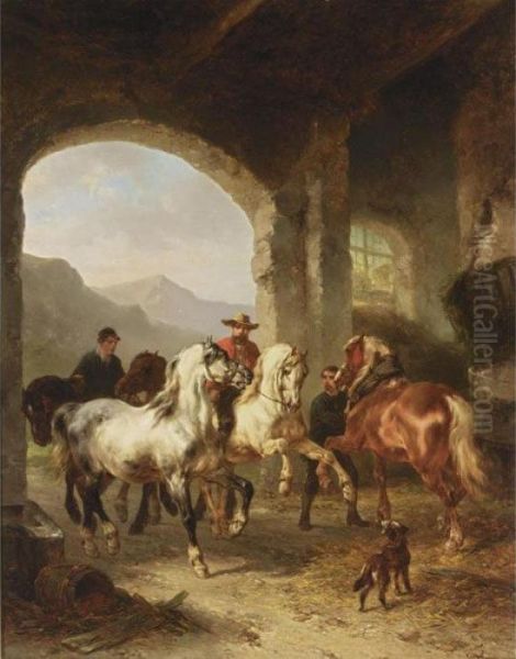 Horses Entering A Stable Oil Painting by Wouterus Verschuur