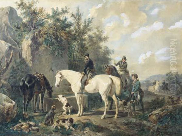 Taking A Break: Horses Watering After A Hunt Oil Painting by Wouterus Verschuur