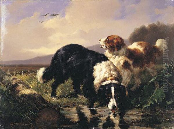 Setters At The Pond Oil Painting by Wouterus Verschuur