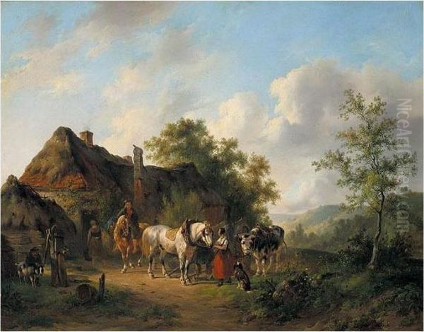 Horses And Cows In Front Of A Cottage Oil Painting by Wouterus Verschuur