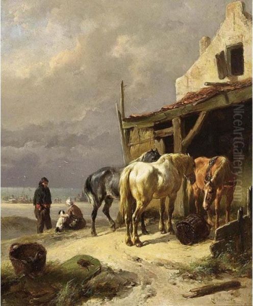 Horses At Rest Near The Beach Oil Painting by Wouterus Verschuur