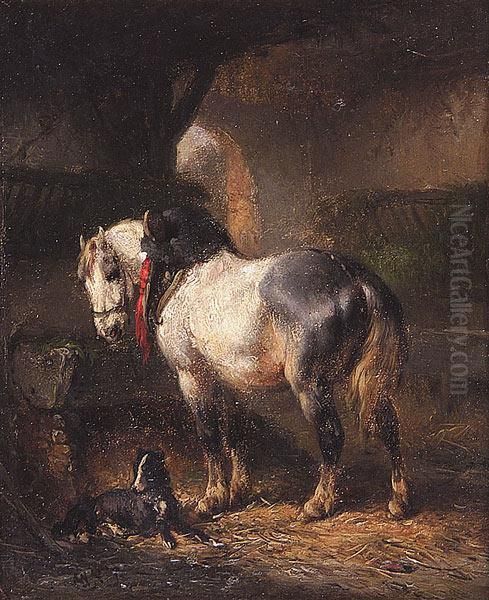 Stable Interior Oil Painting by Wouterus Verschuur