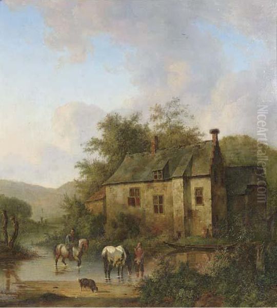 Het Huis Te Boxtel Met Paarden In Een Wed Oil Painting by Wouterus Verschuur