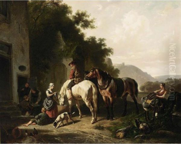 Travellers With Horses Near An Inn Oil Painting by Wouterus Verschuur