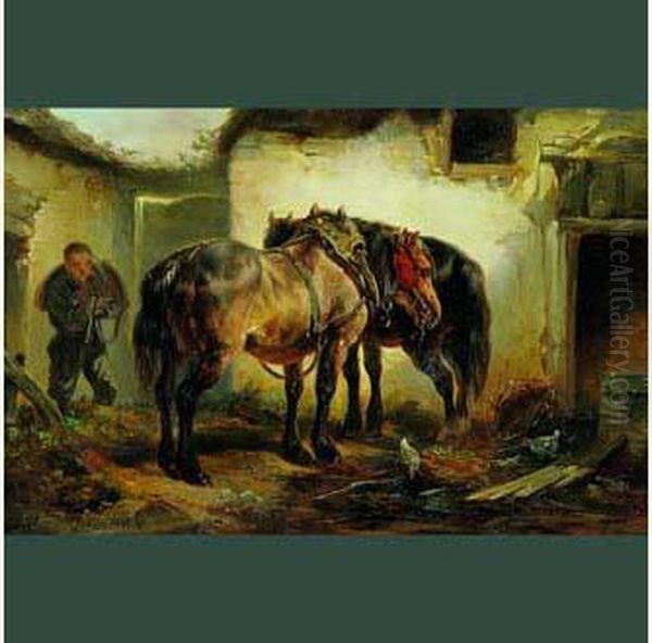 Chevaux Dans La Ferme Oil Painting by Wouterus Verschuur