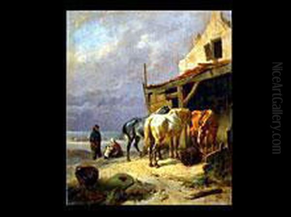 Drei Pferde Und Fischerfamilie Vor Dem Stall Oil Painting by Wouterus Verschuur