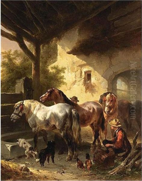 Watering The Horses Oil Painting by Wouterus Verschuur