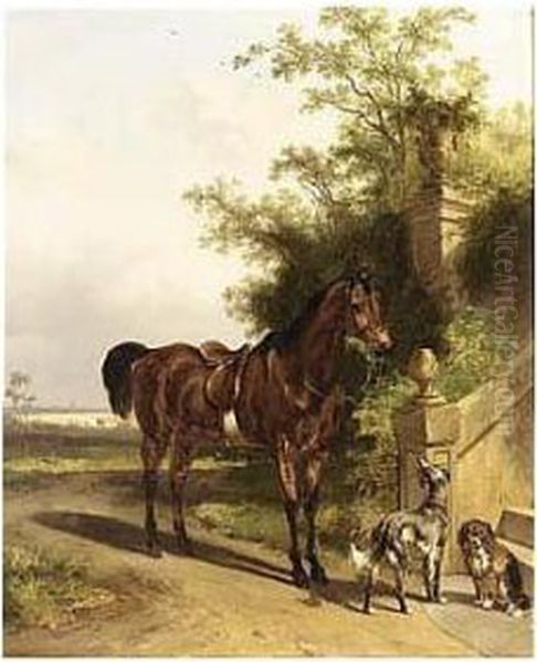 A Horse And Two Dogs In A Park Oil Painting by Wouterus Verschuur