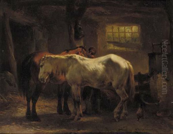 Horses At Rest In A Stable Oil Painting by Wouterus Verschuur