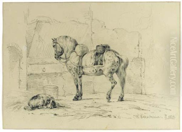 A Saddled Horse By A Stable, A Dog Nearby Oil Painting by Wouterus Verschuur