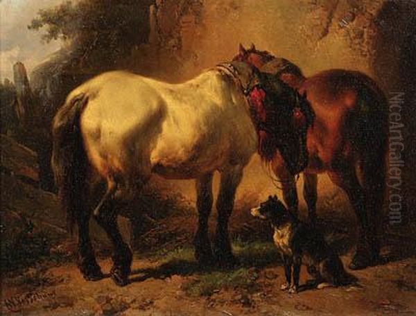 Draught-horses At Rest Oil Painting by Wouterus Verschuur