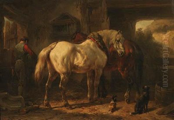 A Stable Interior With A Groom And Horses Oil Painting by Wouterus Verschuur