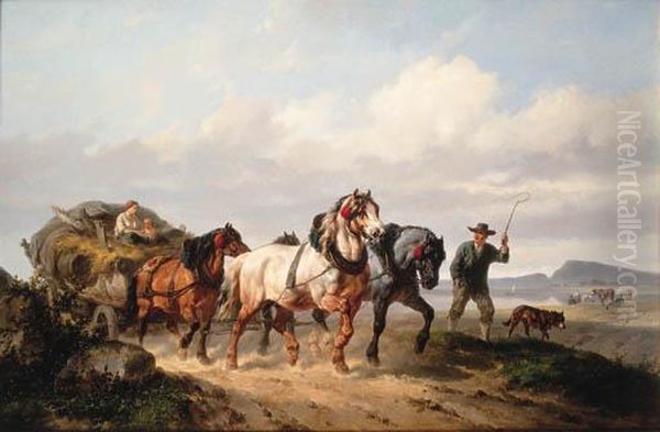 Horses Pulling A Hay Wagon In A Landscape Oil Painting by Wouterus Verschuur