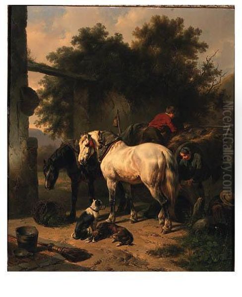 A Grey And A Black Horse With Stable Boys Oil Painting by Wouterus Verschuur