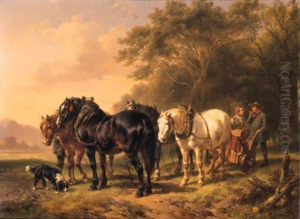 A Plough-team At Rest Oil Painting by Wouterus Verschuur