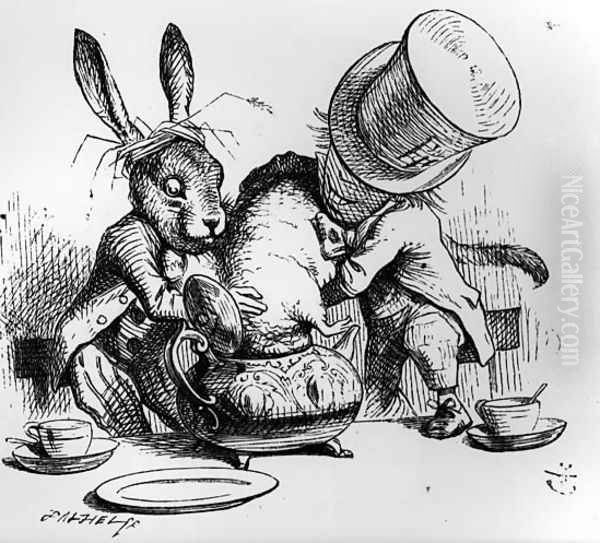 The Mad Hatter and the March Hare putting the Dormouse in the Teapot, illustration from Alices Adventures in Wonderland, by Lewis Carroll, 1865 Oil Painting by John Tenniel