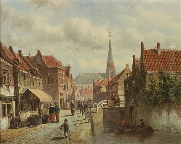 A Dutch Town Scene Oil Painting by Pieter Gerard Vertin