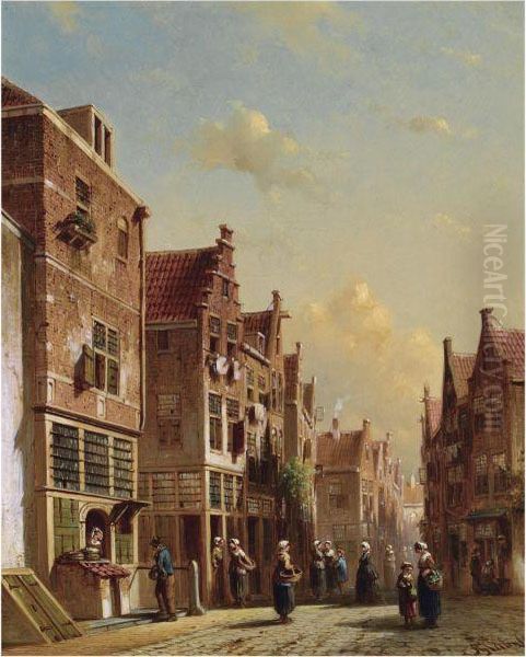 A Street Scene With Figures Conversing Oil Painting by Pieter Gerard Vertin