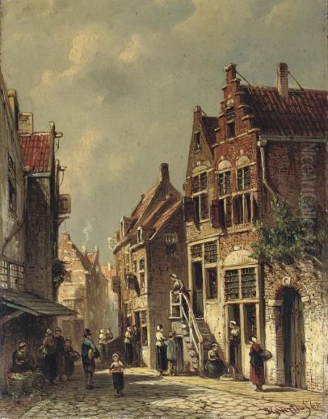 Daily Activities In A Sunny Street Oil Painting by Pieter Gerard Vertin