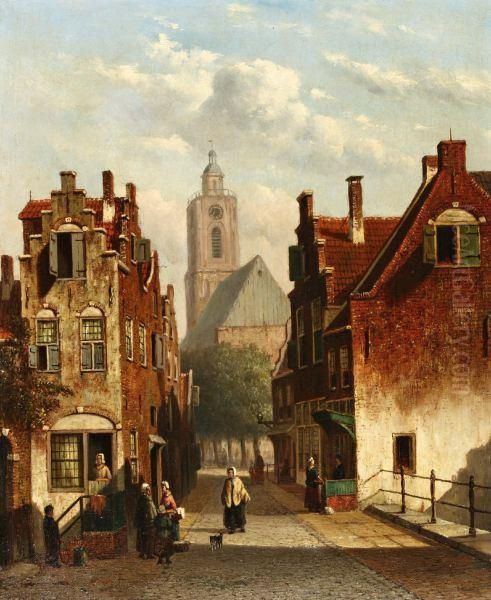 Stadsgezicht Met Figuren In Zonnige Straat Oil Painting by Pieter Gerard Vertin