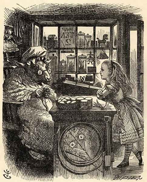 Alice and the Knitting Sheep, illustration from Through the Looking Glass by Lewis Carroll 1832-98 first published 1871 Oil Painting by John Tenniel