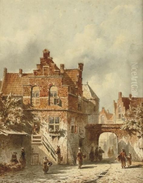 A Busy Day In A Sunlit Dutch Town by Pieter Gerard Vertin