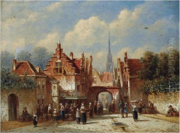 A Sunlit Square With Figures By A Water Pump Oil Painting by Pieter Gerard Vertin