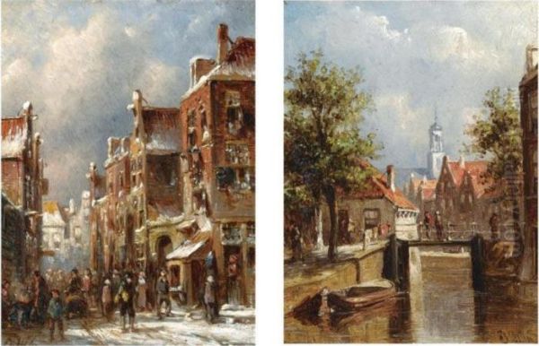 Figures In The Snow Covered Streets Of Amsterdam; A Sunny View Ofoudewater (a Pair) Oil Painting by Pieter Gerard Vertin